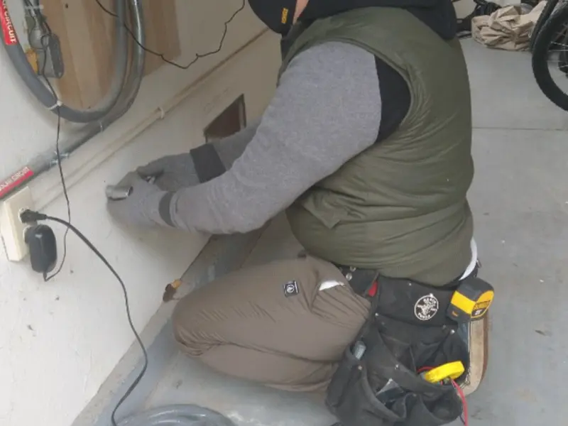 Electrician performing outlet wiring in a Aliquippa garage